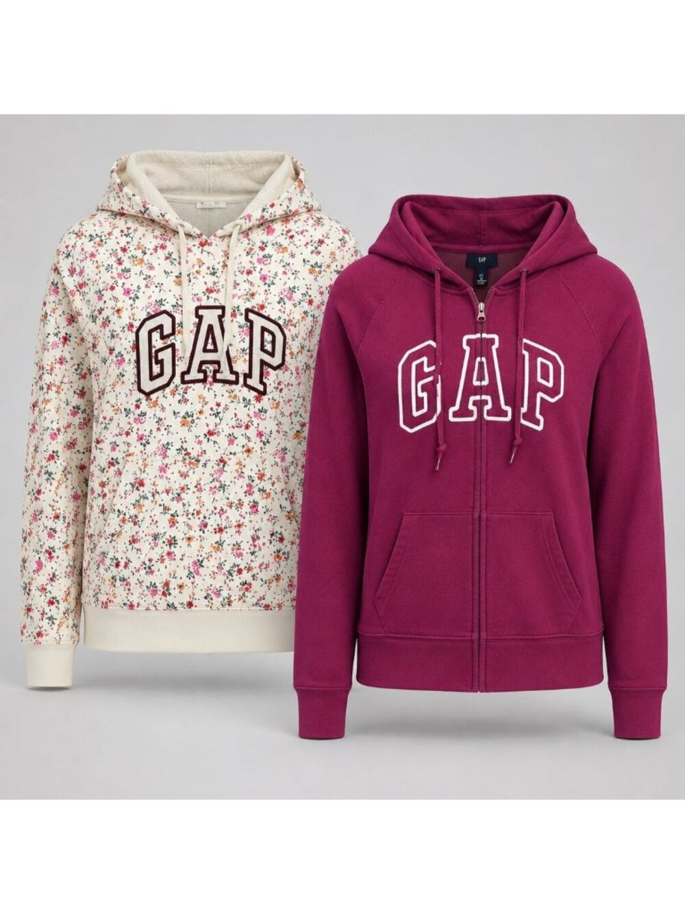 (2 Pack) GAP Women's Large Hoodie Pink & White Floral Pullover Hooded Sweatshirt